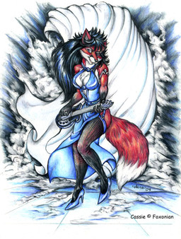 anthro bass_guitar biped black_hair breasts chest_tuft cleavage clothed clothing dipstick_tail dress female footwear fur guitar hair high_heels legwear markings musical_instrument plucked_string_instrument shoes solo stockings string_instrument tail tail_markings tuft auradeva cassie_the_rock_vixen canid canine fox mammal