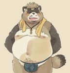 anthro asian_clothing belly big_belly blush body_hair brown_body bulge clothing detailed_bulge east_asian_clothing eyes_closed fundoshi happy_trail japanese_clothing kemono male moobs navel nipples overweight simple_background solo towel towel_around_neck underwear garouzuki crave_saga pong_(crave_saga) canid canine mammal raccoon_dog tanuki 2023 hi_res