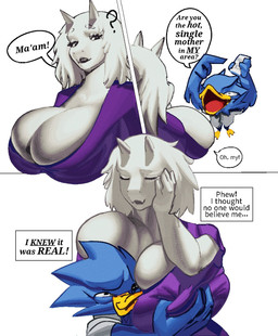 2_horns age_difference anthro beak big_breasts blue_body blue_feathers breast_grab breasts cellphone cleavage clothed clothing deep_cleavage dialogue duo electronics eyebrows eyelashes eyes_closed face_in_breasts feathers female hair hand_on_breast holding_cellphone holding_object holding_phone horn hug huge_breasts larger_female male mature_female older_female open_beak open_mouth open_smile phone short_hair simple_background size_difference smaller_male smile speech_bubble text white_background white_hair white_horn younger_male oppmann deltarune undertale_(series) berdly toriel avian bird boss_monster_(undertale) bovid caprine goat mammal 2026 english_text hi_res