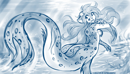 5_fingers accessory alternate_species anthro anthro_merfolk bra breasts clothed clothed_female clothing eyebrow_through_hair eyebrows female fingers fur hair hair_accessory long_hair looking_back markings open_mouth open_smile rear_view seashell_bra side_boob smile solo split_form spots spotted_body spotted_fur spotted_markings spotted_tail swimming tail tail_markings teeth tongue translucent translucent_hair underwater underwear water conditional_dnp tom_fischbach twokinds kathrin_vaughan aquatic canid canine felid hybrid keidran mammal merfolk pantherine 2026 7:4 blue_and_white digital_drawing_(artwork) digital_media_(artwork) hi_res monochrome sketch