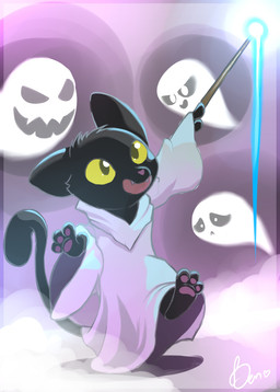 ambiguous_gender group holidays magic magic_wand benjaxd google google_doodle halloween magic_cat_academy momo_(google) domestic_cat felid feline felis ghost mammal spirit 2016 hi_res