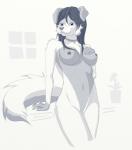 anthro breasts collar female fur hair navel nipples nude solo rydenan canid canine mammal hi_res monochrome