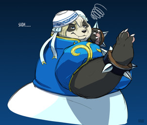 annoyed anthro asian_clothing belly big_breasts black_body black_fur bowl bracelet breasts chinese_clothing chubby_cheeks claws clothed clothing container cosplay east_asian_clothing emanata eye_markings female fighting_pose food frustration_cloud fur fur_markings headgear headwear huge_breasts jewelry markings noodles overweight overweight_anthro overweight_female pose sigh solo spiked_bracelet spikes text three-quarter_view white_body white_fur gillpanda capcom street_fighter chun-li gillpanda_(character) bear giant_panda mammal half-length_portrait portrait