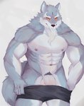 abs anthro balls blush clothed clothing genitals looking_at_viewer male muscular muscular_anthro muscular_male nipples partially_clothed pecs penis pubes simple_background solo underwear underwear_down placid69 sdorica law_(sdorica) canid canine canis mammal wolf hi_res