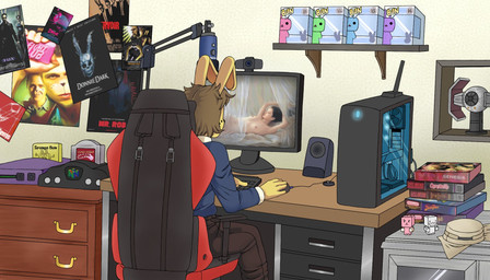 anthro biped book bottomwear clothed clothing computer computer_mouse electronics female freckles gaming_chair hair inside male monitor nude pants poster short_hair sweater text tie_fighter topwear ponehanon big_bun_burgers blade_runner donnie_darko drive_(movie) fight_club funko_pop! mr._robot nickelodeon nintendo nintendo_64 spongebob_squarepants star_wars the_matrix dale_(ponehanon) human lagomorph leporid mammal rabbit 2024 comic english_text hi_res mother_(lore) parent_(lore) son_(lore)
