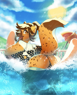 amber_eyes anthro beach_umbrella black_nose blonde_hair butt clothed clothing cloud detailed_background eyelashes female floating fur hair looking_at_viewer looking_back markings one-piece_swimsuit open_mouth outside parasol partially_submerged pool_noodle rear_view sharp_teeth short_hair sky smile solo spots spotted_body spotted_fur sun swimming_pool swimwear tan_body tan_fur teeth tongue water waterline_view okka hyena mammal spotted_hyena 2018 hi_res