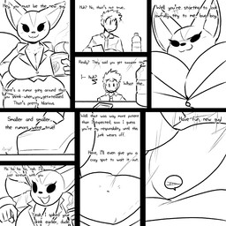 anthro big_breasts breasts cleavage clothed clothing dialogue dominant dominant_female duo female huge_breasts human_on_anthro interspecies male male/female micro repeated_text shrinking size_transformation smothering species_in_dialogue text transformation transformation_by_substance knj_ex aggretsuko sanrio fenneko canid canine fennec_fox fox human mammal true_fox 1:1 comic english_text monochrome