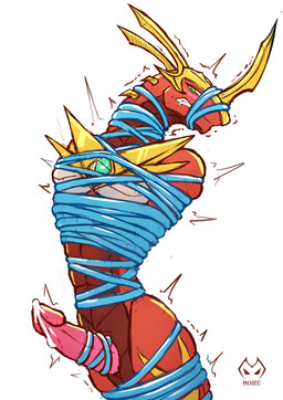 abs animal_genitalia animal_penis anthro arms_tied bdsm blush blush_lines bodily_fluids bondage bound crystal erection fully_bound gag gagged genital_fluids genital_rope genital_slit genitals green_eyes hands_behind_back horn legs_tied logo male motion_lines muffled muscular muscular_anthro muscular_male neck_tied nude nude_anthro nude_male penis penis_rope restrained restraints rope rope_bondage rope_harness simple_background solo standing submissive submissive_anthro submissive_male sweat teeth white_background moire_dragon bakugan mythology drago_(bakugan) dragon mythological_creature mythological_scalie scalie artist_logo hi_res