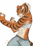 abs anthro bottomwear clothing covered_breasts female fur muscular muscular_anthro muscular_female orange_body simple_background smile solo striped_body stripes tail zzommie dreamworks kung_fu_panda master_tigress felid mammal pantherine tiger digital_media_(artwork) hi_res