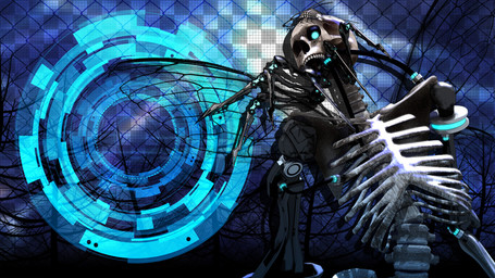 1_eye blue_eyes bone checkered checkered_floor claws female glowing glowing_eyes looking_at_viewer machine not_furry_focus rib_cage skeleton skull solo teeth wings wire deino_(artist) calne_ca arthropod crustacean humanoid isopod malacostracan robot robot_humanoid winged_humanoid 16:9 2012 3d_(artwork) autodesk_3ds_max_(artwork) blue_theme cool_colors digital_media_(artwork) widescreen