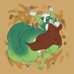 5_toes anthro armpit_tuft arms_above_head barefoot big_breasts big_tail breasts brown_clothing brown_dress buckteeth cheek_tuft claws cleavage clothed clothing dress eyes_closed facial_tuft feet female finger_claws fluffy fluffy_tail freckled_face freckles gradient_body green_body hair hands_above_head happy huge_breasts jumping long_tail navel_outline overweight overweight_anthro overweight_female pattern_background paws simple_background smile solo tail teeth thick_thighs toes tuft white_hair conditional_dnp octavetothink connie_(octavetothink) mammal rodent sciurid tree_squirrel 1:1 2025 absurd_res digital_drawing_(artwork) digital_media_(artwork) hi_res signature
