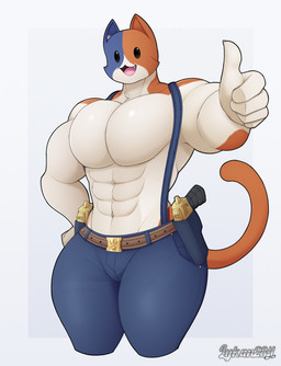 anthro front_view gesture gun hand_gesture male muscular muscular_anthro muscular_male ranged_weapon simple_background solo thick_thighs thumbs_up weapon lykan284 epic_games fortnite meowscles felid mammal hi_res