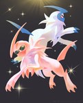 ambiguous_gender claws duo eyewear feral fur green_eyes horn looking_at_another looking_at_viewer midair pink_body pink_fur red_eyes simple_background sparkles sunglasses tail white_body white_fur meifordart nintendo pokemon absol generation_3_pokemon pokemon_(species) shiny_pokemon 2025 hi_res signature