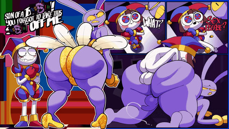 all_fours alternative_fashion anal anal_penetration anthro backsack balls big_butt big_penis bodily_fluids bottom_heavy bouncing_butt breasts butt butt_jiggle caine_censorship censor_bar censored_speech censored_text clothing dancer_outfit dialogue doggystyle erection femboy flaccid flaccid_while_penetrated flapper fool's_hat from_behind_position genital_fluids genitals glans grawlixes gynomorph hat headgear headwear huge_butt huge_penis hyper hyper_genitalia hyper_penis intersex intersex/male jiggling larger_male male male_penetrated penetration penile penile_penetration penis penis_in_ass penis_size_difference precum precum_string purple_body sex size_difference small_breasts smaller_gynomorph smaller_intersex text thick_thighs wide_hips yellow_sclera andrews38369 glitch_productions the_amazing_digital_circus jax_(tadc) pomni_(tadc) humanoid lagomorph leporid mammal rabbit 16:9 2d_animation animated english_text frame_by_frame widescreen