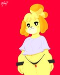 anthro breasts clothing crop_top female shirt simple_background smug_face solo thong topwear underwear wide_hips wristband panthera_cantus animal_crossing nintendo isabelle_(animal_crossing) canid canine canis domestic_dog mammal absurd_res digital_media_(artwork) hi_res