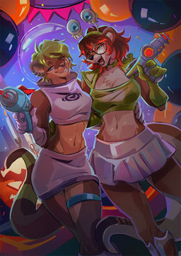 anthro astronaut blue_eyes bottomwear brown_body brown_fur brown_hair clothing costume countershading crop_top duo ear_piercing eyewear female female/female freckled_face freckles fur glasses gloves googly_eyes green_eyes green_hair hair handwear highlights_(coloring) holidays markings party piercing ranged_weapon raygun red_highlights shirt short_hair skirt space striped_markings striped_tail stripes tail tail_markings topwear weapon white_body white_fur kammi-lu halloween maya_(thetak) riley_delmare alien mammal mustelid otter river_otter 2025