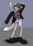 anthro blush bottomwear bottomwear_down brown_body brown_fur brown_hair clean_diaper clothed clothing diaper embarrassed exclamation_point fur grey_background hair hand_on_head looking_down male necktie pants pants_down partially_clothed purple_background simple_background solo suit suit_jacket surprised_expression wardrobe_malfunction wearing_diaper wetness_indicator white_body white_fur babystar jimmy_wuffster canid canine canis domestic_dog mammal 2014