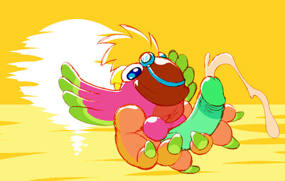 3_toes anus armor balls big_penis blonde_hair blue_eyes bodily_fluids claws cum erection feet flying genital_fluids genitals green_body green_penis hair headgear helmet humanoid_genitalia humanoid_penis male penis penis_backwards pink_body plantigrade solo sunset toe_claws toes yowesephth kirby_(series) nintendo avian birdon 2015