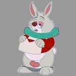 anthro balls clothed clothing erection eyewear genitals glasses male penis simple_background slightly_chubby solo pokiedragon25 alice_in_wonderland the_white_rabbit lagomorph leporid mammal rabbit 1:1 2022