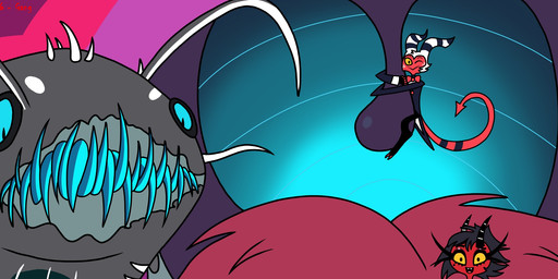 ambiguous_gender anthro black_hair blue_eyes blue_glow blue_teeth extreme_size_difference female grey_body grey_skin group hair hanging_from_uvula horn inside_mouth macro_pred maikoru male micro_prey monster_catfish_(helluva_boss) size_difference tail teeth tongue trio uvula uvula_grab uvula_play whiskers yellow_eyes hellaverse helluva_boss voretober millie_(helluva_boss) moxxie_(helluva_boss) aquatic catfish demon fish monster hi_res