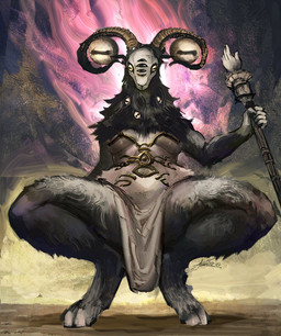 anthro bottomwear breasts clothed clothing female hooves horizontal_pupils horn loincloth loincloth_only pupils solo topless amaryllisno elden_ring elden_ring_nightreign fromsoftware libra_creature_of_night bovid caprine caprine_demon demon goat_demon mammal digital_media_(artwork) digital_painting_(artwork) hi_res painting_(artwork)