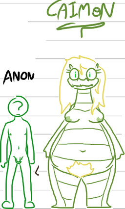 breasts duo female flaccid genitals larger_female male nipples nude penis pubes size_difference slightly_chubby smaller_male vulva the_weaver monstro_village anon caimon alligator alligatorid crocodilian human mammal reptile scalie low_res