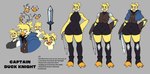 3_toes anthro armor barefoot black_clothing black_legwear black_unitard blonde_hair blue_cape blue_clothing breasts brown_clothing brown_topwear cape clothed clothing eye_scar eyebrows eyelashes facial_scar feet female fingers fully_clothed fur gauntlets gloves grey_background hair hand_on_hip handwear happy height holding_melee_weapon holding_object holding_sword holding_weapon knee_pads legwear looking_at_viewer melee_weapon membrane_(anatomy) mouth_closed navel_outline open_mouth pear-shaped_figure ponytail scar shoulder_pads simple_background solo standing sword text toes topwear unitard weapon webbed_feet wide_hips yellow_body yellow_fur crispyattucks cc-by-nc-nd creative_commons duck_knight_(crispyattucks) anatid anseriform avian bird duck 2024 aliasing binary_drawing character_name clip_studio_paint_(artwork) digital_drawing_(artwork) digital_media_(artwork) english_text flat_colors hi_res multiple_images