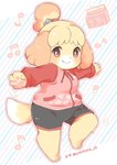 3_toes 5_fingers accessory anthro barefoot bottomwear clothed clothing electronics feet female female_anthro fingers fur hair hair_accessory kemono looking_at_viewer musical_note musical_symbol pawpads radio shirt shorts simple_background smile solo standing symbol toes topwear yellow_body yellow_fur yokikana_yk animal_crossing nintendo isabelle_(animal_crossing) canid canine canis domestic_dog mammal shih_tzu toy_dog digital_media_(artwork)