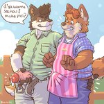 anthro apron bottomwear butt butt_grab clothed clothing dialogue duo erection erection_under_clothing genitals grope hand_on_butt humanoid_genitalia humanoid_hands humanoid_penis male male/male outside pants penis shirt slightly_chubby text topwear puppyboy disney zootopia gideon_grey roshi_(sgtroshi) canid canine canis domestic_dog fox mammal red_fox true_fox 1:1 2021 english_text hi_res