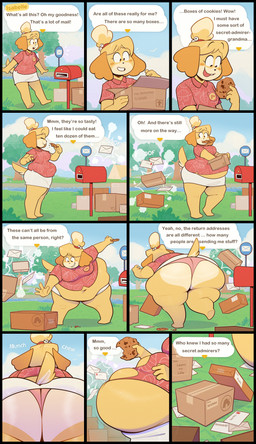 anthro belly belly_expansion big_belly big_breasts big_butt box breasts butt butt_expansion clothing container cookie expansion female food fur obese obese_female outside overweight overweight_female pink_clothing pink_shirt pink_topwear shirt solo speech_bubble text thick_thighs topwear weight_gain yellow_body yellow_fur ridiculouscake animal_crossing nintendo isabelle_(animal_crossing) canid canine canis domestic_dog mammal shih_tzu toy_dog 2020 absurd_res comic english_text hi_res
