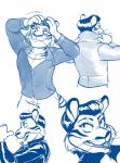 anthro biped black_markings breasts clothed clothing female hair markings simple_background solo stripes redvelvetbat rebecca_tanner felid mammal pantherine tiger blue_and_white monochrome sketch