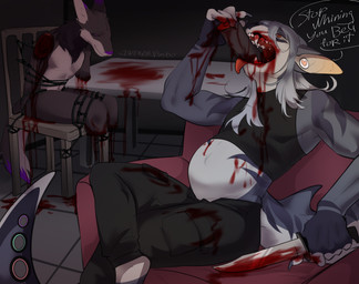 amputated_arms amputated_legs amputation anthro armchair black_bottomwear black_clothing black_hands black_pants blood blood_on_body blood_on_floor blood_on_knife blood_on_mouth blood_on_pants blood_on_table bodily_fluids bottomwear chained_to_chair chair chat_bubble clothing colored_nails detailed_background duo ear_piercing ear_ring eating eating_flesh furniture gore grey_body grey_nails hair holding_knife holding_object knife long_ears long_hair nails open_mouth open_wound pants piercing purple_ear_tip purple_eyes purple_nose red_armchair ring_piercing shark_tail table teeth violence white_fingers white_hair skwerna_timido aquatic canid canine canis felid feline fish hybrid mammal shark wolf hi_res