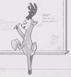 ambiguous_gender antlers bedroom_eyes book chibi dialogue feral flirting hooves horn narrowed_eyes presenting school seductive semi-anthro solo teacher text thin_calves thin_legs thin_thighs toony whiteboard lockerobster disney kiff_(series) miss_deer_teacher deer mammal 2023 english_text graphite_(artwork) hi_res traditional_media_(artwork) female_(lore)