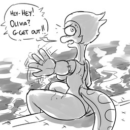 anthro clothing female one-piece_swimsuit poolside sitting solo swimwear thedarkzircon amphibia_(series) disney general_yunan amphibian newt salamander 1:1 2021 monochrome