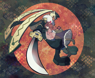 anthro asian_clothing brown_hair clothing duo east_asian_clothing female fluffy fluffy_chest fur hair hat headgear headwear hug hugging_another japanese_clothing katana kimono long_ears long_hair male melee_weapon ponytail_ears sword weapon yellow_body yellow_fur runapiero00 bandai_namco digimon digimon_ghost_game ruri_tsukiyono digimon_(species) human lagomorph leporid mammal rabbit symbareangoramon absurd_res hi_res