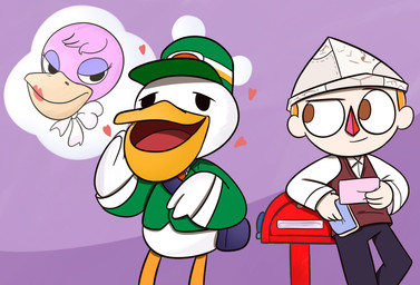 4_fingers anthro arms_bent beak bent_leg black_bottomwear black_clothing black_eyes black_pants bottomless bottomless_anthro bottomless_male bottomwear bow_tie brown_clothing brown_eyes brown_topwear brown_vest closed_smile clothed clothed_anthro clothed_human clothed_male clothing delivery_(commerce) delivery_employee dot_eyes eyelashes feather_hair feathers female female_anthro fingers fully_clothed fully_clothed_human fully_clothed_male green_clothing green_hat green_headwear green_suit group hair half-closed_eyes hat headgear headwear heart_symbol hearts_around_head holding_envelope imagination leaning_on_mailbox leaning_on_object light lipstick looking_at_another mailbox makeup male male_anthro male_human mouth_closed narrowed_eyes no_eyebrows no_pupils open_beak open_mouth open_smile orange_beak orange_hair orange_legs pants paper_hat pink_bow_tie postal_carrier postal_delivery pseudo_hair purple_background purple_body purple_feathers purple_hair red_lipstick red_nose red_tongue shoulder_bag simple_background simple_eyes smile smiling_at_another standing straight_legs suit tan_body tan_skin thin_eyebrows thought_bubble tongue topwear triangle_nose trio vest white_body white_dress_shirt white_feathers cookieboy011 animal_crossing nintendo pete_(animal_crossing) phyllis_(animal_crossing) villager_(animal_crossing) avian bird human mammal pelecaniform pelican 2020 colored digital_drawing_(artwork) digital_media_(artwork) english_description lighting shaded story story_in_description