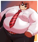 12beat13 2024 absurd_res anthro bear belly big_belly bottomwear brown_body brown_fur clothing eyewear fur glasses hi_res kemono male mammal mature_male necktie one_eye_closed overweight overweight_male pants shirt simple_background solo topwear