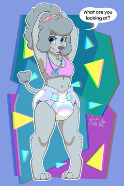 abstract_background accessory anthro arms_above_head braces clothed clothing curly_hair diaper female hair hair_accessory hairband jewelry looking_at_viewer necklace pacifier question rainbow_pattern shirt solo speech_bubble standing tank_top text topwear wearing_diaper stargal_galexi chloe_couture canid canine canis domestic_dog mammal poodle english_text hi_res