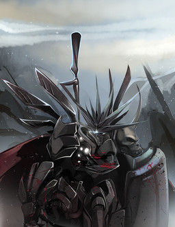 anthro armor blood bodily_fluids bone cape clothing detailed_background female gauntlets gloves glowing glowing_eyes handwear melee_weapon outside shield skull sky snow solo sword toony weapon tsampikos azza detailed