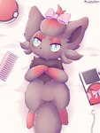 black_body black_fur blue_eyes female feral fur pokeball pokedex red_body red_fur ribbons solo luckyrumi nintendo pokemon generation_5_pokemon pokemon_(species) zorua