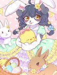 4_fingers accessory ahoge alternative_fashion ambiguous_gender anthro banner basket beak black_hair black_nose blep blush bow_(feature) bow_accessory bow_ribbon braided_hair brown_body brown_eyes brown_fur bunting_(banner) claws clothed clothing container daww decoration dotted_background dress easter_egg fake_ears fake_rabbit_ears feathers female female/ambiguous female_anthro feral finger_claws fingers floppy_ears floral floral_clothing floral_dress floral_pattern floral_print flower flower_accessory flower_garland flower_hair_accessory flower_in_hair flower_necklace flower_ornament frilly frilly_clothing fur garland grey_body grey_fur group hair hair_accessory hair_bow hair_ribbon holidays hug j-fashion kemono layered_clothing lolita_(fashion) looking_at_viewer multicolored_body multicolored_fur neck_bow pattern_accessory pattern_background pattern_bow pattern_clothing pattern_dress pennant pennant_banner pigtails plant polka_dot_accessory polka_dot_bow polka_dot_dress polka_dots ribbons simple_background spots spotted_accessory spotted_bow spotted_clothing spotted_dress tongue tongue_out two_tone_body two_tone_fur white_body white_fur yellow_body yellow_eyes yellow_feathers young young_anthro young_female koto0v0haru easter cotorita avian bird border_collie canid canine canis chicken collie domestic_dog galliform gallus_(genus) herding_dog lagomorph leporid mammal pastoral_dog phasianid rabbit sheepdog 2022 3:4 digital_media_(artwork) hi_res