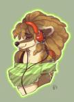 blonde_hair breasts clothed clothing dreadlocks electronics female hair headphones orange_eyes smile solo tattoo under_boob luckypan jordan_dane badger mammal mustelid musteline 2016 digital_media_(artwork) hi_res shaded