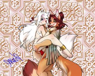 animal_genitalia animal_penis breasts butt canine_genitalia canine_penis cuff_(restraint) duo female fur genitals hair male male/female penis restraints sex shackles smile standing standing_sex tail dragonfu canid canine fox mammal hi_res