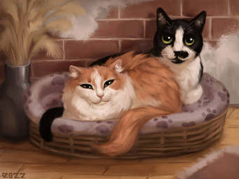 ambiguous_gender big_pupils black_body black_fur black_markings black_nose brick brick_floor brick_wall cuddling duo feral fluffy fur green_eyes long_tail markings multicolored_body multicolored_fur orange_body orange_fur pink_nose pupils relaxing tail wall_(structure) whisker_spots whiskers white_body white_fur white_markings wicker_basket yellow_eyes alexpahomov domestic_cat felid feline felis mammal 2022 4:3 digital_media_(artwork) digital_painting_(artwork) painting_(artwork)