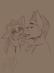 anthro duo ear_piercing ear_ring embarrassed emotional eyewear face_holding female funny_face glasses hair humor kiss_face kissing licking licking_tongue long_hair love male male/female piercing ring_piercing romantic tongue tongue_out aleksikashvets aleksika_(aleksikashvets) canid canine domestic_cat felid feline felis fox mammal hi_res