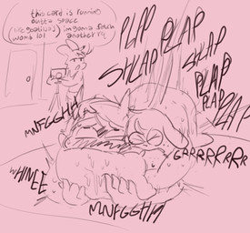 all_fours anthro balls bed bedroom bite blush bodily_fluids breasts camera cameraman clothed clothing dialogue doggystyle female female_anthro fingers from_behind_position fur furniture genital_fluids genitals group growling hair horn inside male male/female male_anthro male_penetrating on_bed open_mouth overweight overweight_female penetration penis pillow pillow_bite plap recording sex skinny_male slightly_chubby slightly_chubby_male small_penis small_penis_retribution sound_effects speech_bubble sweat sweatdrop text thought_bubble topwear trio wet_pillow whining maddie_(artist) bovid canid canine canis caprine domestic_dog goat lagomorph leporid mammal rabbit digital_media_(artwork) english_text hi_res sketch trans_(lore) trans_woman_(lore)