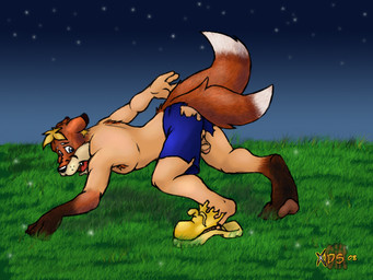 2_tails all_fours black_nose blue_eyes bottomwear brown_hair brown_markings clothed clothing countershade_face countershade_fur countershading dipstick_tail flaccid fur fur_growth genitals glans gloves_(marking) grass growth hair human_to_feral humanoid_genitalia humanoid_penis ineffective_clothing leg_markings logo looking_back_at_self male markings mid_transformation multi_tail night open_mouth orange_body orange_fur outside paws penis plant shorts side_view snout socks_(marking) solo species_transformation star tail tail_markings tan_body tan_countershading topless torn_bottomwear torn_clothing torn_shoes torn_shorts transformation white_markings year xids canid canine fox human mammal 2008 4:3 artist_logo colored