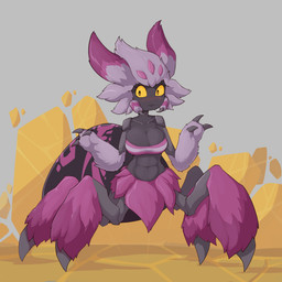 anthro arthropod_abdomen big_breasts black_body black_eyes blush breasts cleavage clothed clothing eyelashes female front_view fur grey_background grey_body grey_fur navel palmorph purple_body purple_clothing purple_fur purple_topwear simple_background solo topwear yellow_sclera boobazaur palworld pocketpair arachnid arachnid_taur arthropod arthropod_taur mygalomorph pal_(species) spider spider_taur tarantriss tarantula tarantula_taur taur 1:1 absurd_res hi_res