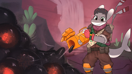 anthro backpack belt black_hair brown_eyes clock clothing cybernetic_arm cybernetic_limb detailed_background eyewear fingers glasses gloves green_eyes grey_body hair handwear highlights_(coloring) knee_pads male multicolored_body multicolored_eyes multicolored_hair plant red_highlights scarf slime solo tail vacuuming watch waterfall wearing_glasses white_body atherol the_gunk vtuber pressie_(nerdshark) aquatic carcharhinus fish oceanic_whitetip_shark requiem_shark shark 16:9 digital_media_(artwork) hi_res widescreen