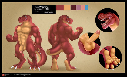 3_toes 5_fingers abs anthro balls biceps blue_eyes butt claws deltoids erection feet fingers flaccid genitals glans grin humanoid_genitalia humanoid_penis male mouth_shot multicolored_body muscular muscular_anthro muscular_male nude open_mouth pecs penis red_body smile solo tail teeth text toes tongue toothy_grin two_tone_body bakameganekko vedrax dinosaur prehistoric_species reptile saurischian scalie theropod tyrannosaurid tyrannosauroid tyrannosaurus tyrannosaurus_rex absurd_res hi_res model_sheet url